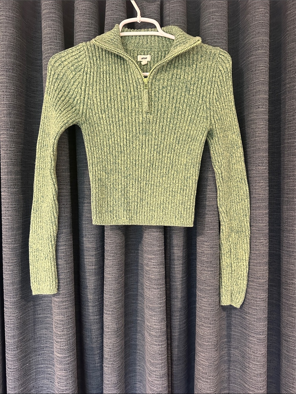 aerie Light Green Ribbed Half-Zip Turtleneck Sweater